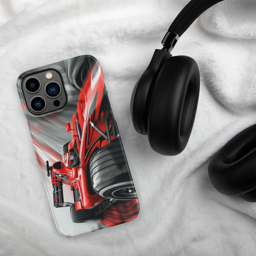Victory Rush Snap case for iPhone 13 Pro Max, red race car and grey streaks, headphones on pale fabric