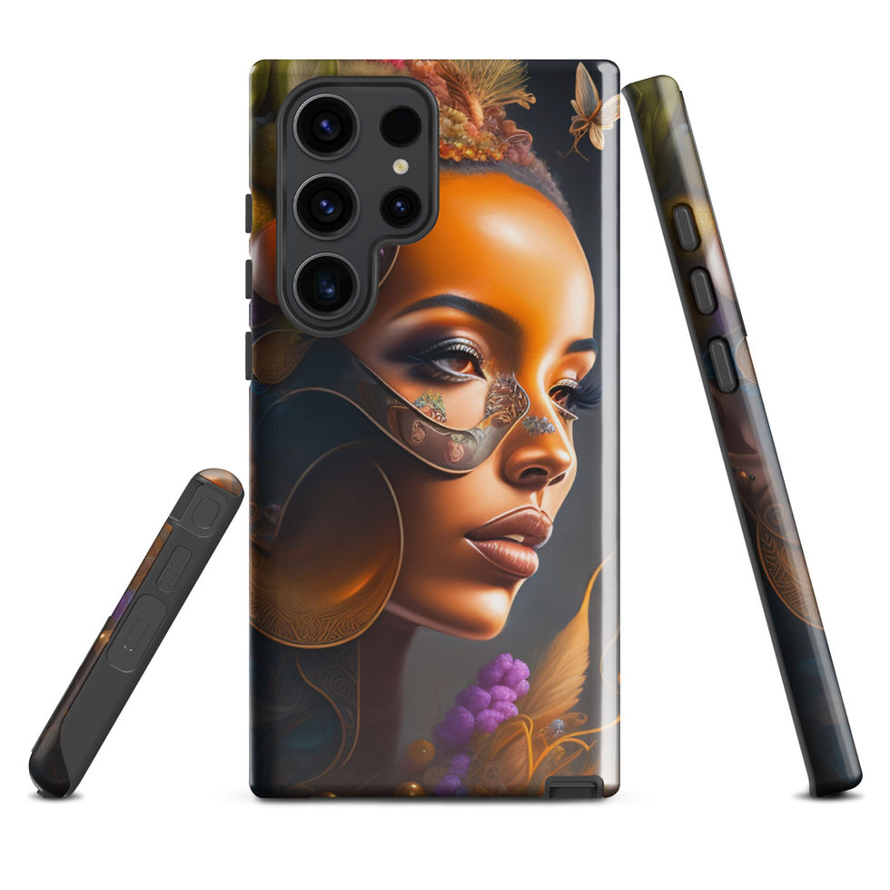 Fruit Brain Samsung Tough Case showcasing a surreal golden profile crowned with vivid fruit and blossoms against a deep blue
