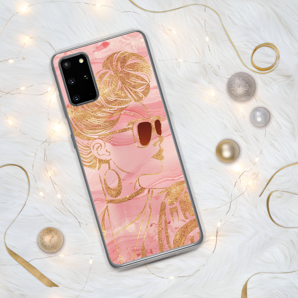 Angled Samsung clear case showing the Golden Luxe pink-and-gold botanical design beside pale decorative rings.