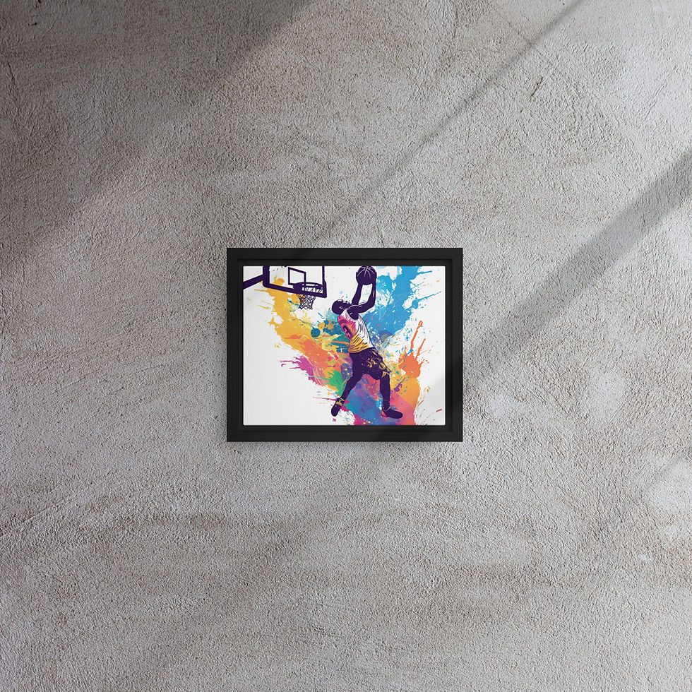 Small square Reverse Splash Dunk canvas in a black frame under diagonal window shadows.