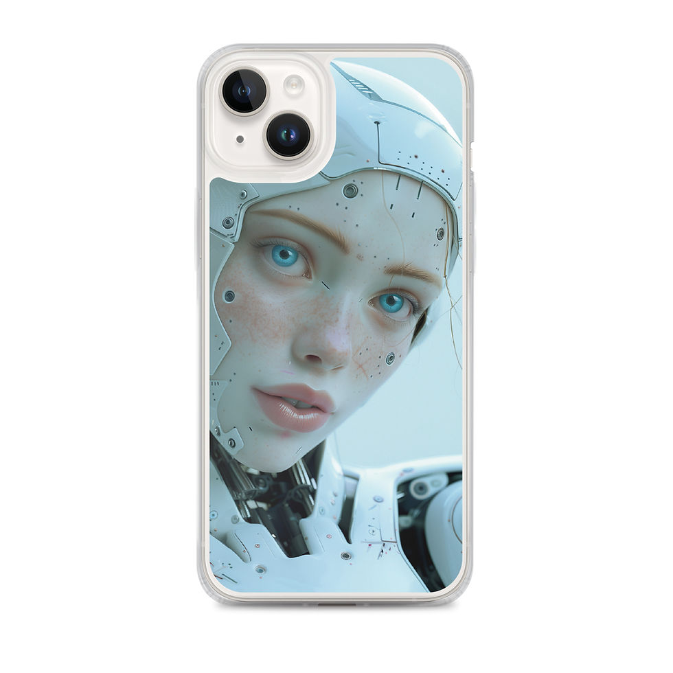 AI Serenity clear iPhone case with luminous blue-eyed android portrait – front product view