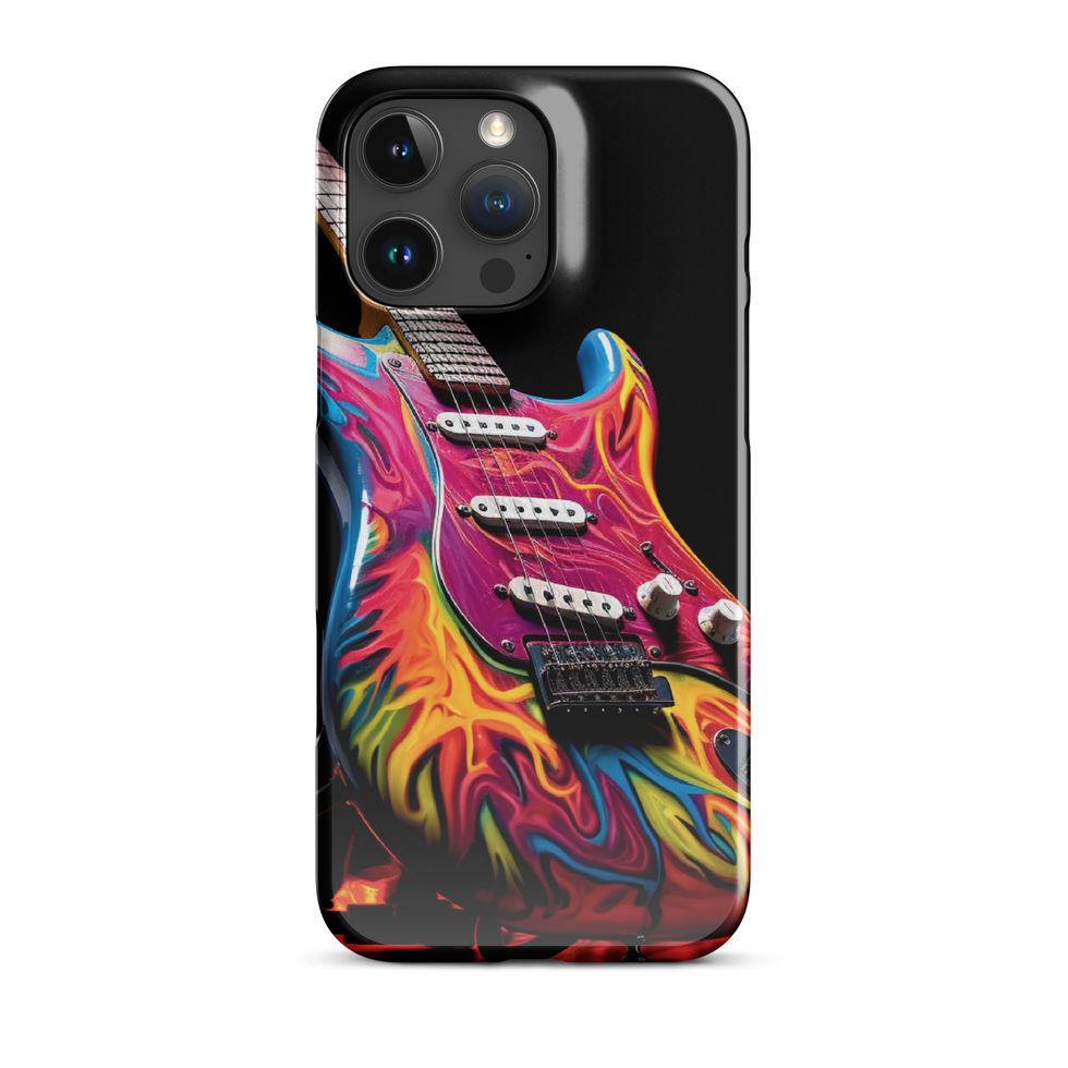 Flaming Riffs slim iPhone Snap Case on a overhead flat lay, featuring the flame-wrapped guitar artwork, image 24.