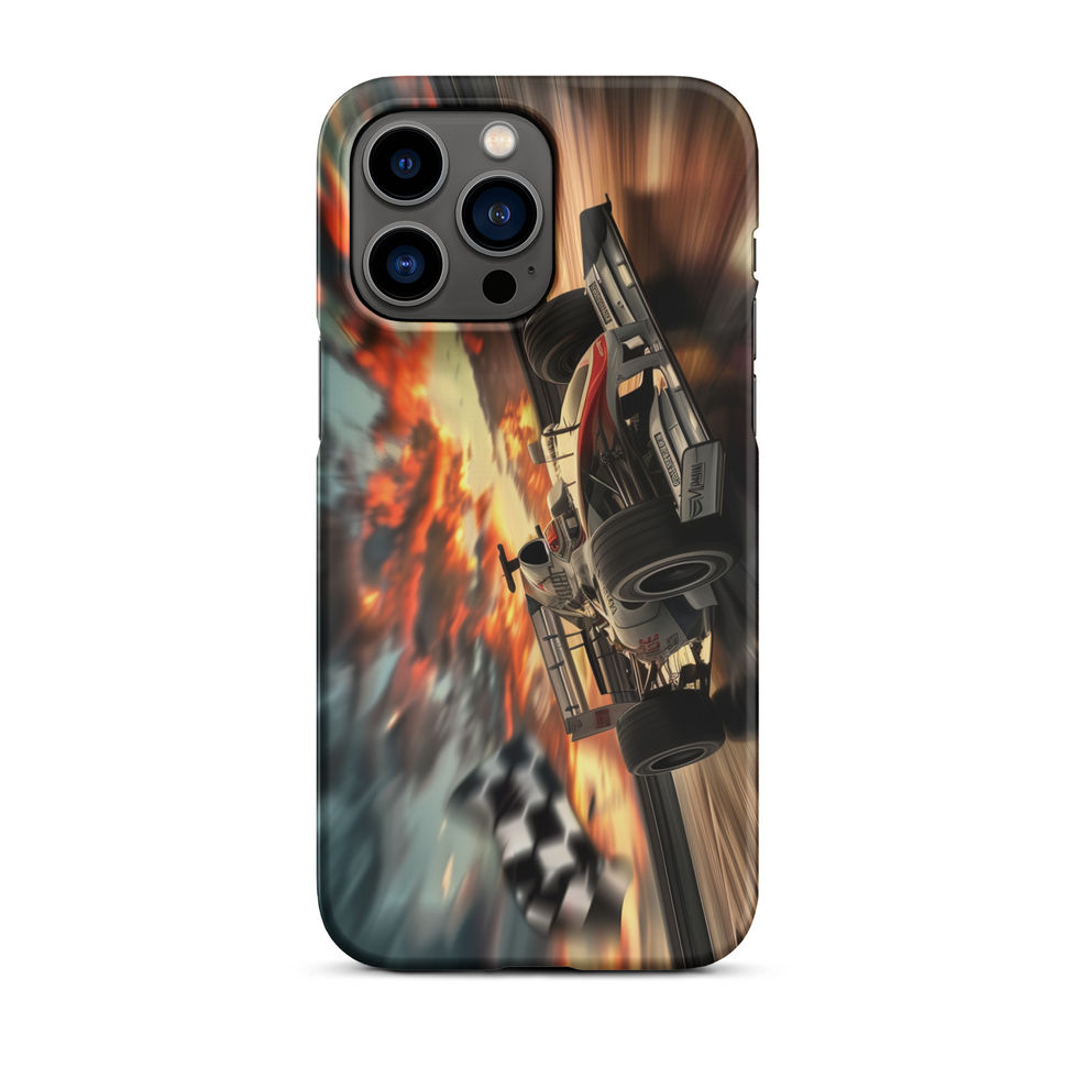 Final Lap Fury Snap case for iPhone 14 Pro Max, black race car and fiery flag, rear view on white