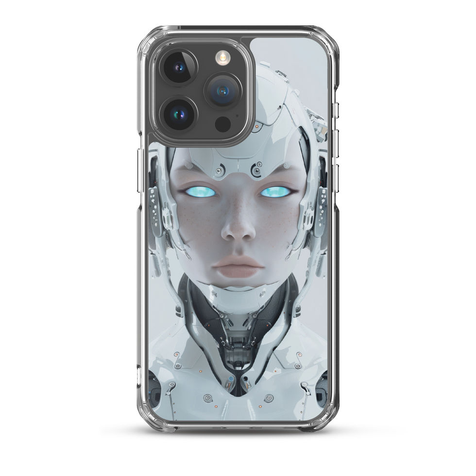 Pale-metal female android with graphite jaw mechanics; studio case preview on an iPhone® Clear Case.