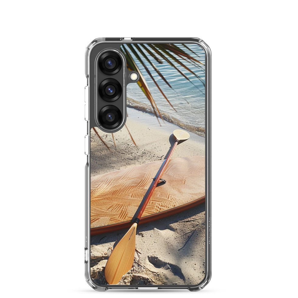 Driftwood Escape Clear case for Samsung showing paddle resting along the waterline