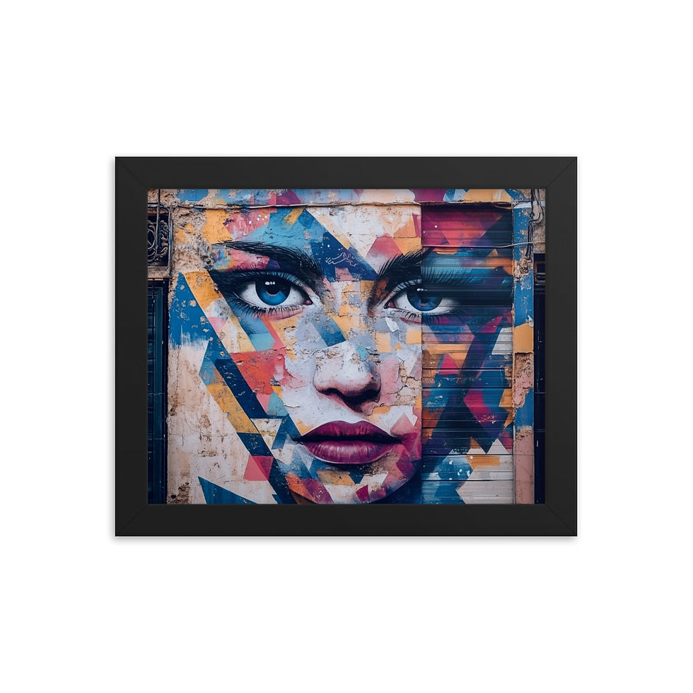 Fragmented Beauty black-framed poster on white: a front-facing portrait crossed by angular painted strips