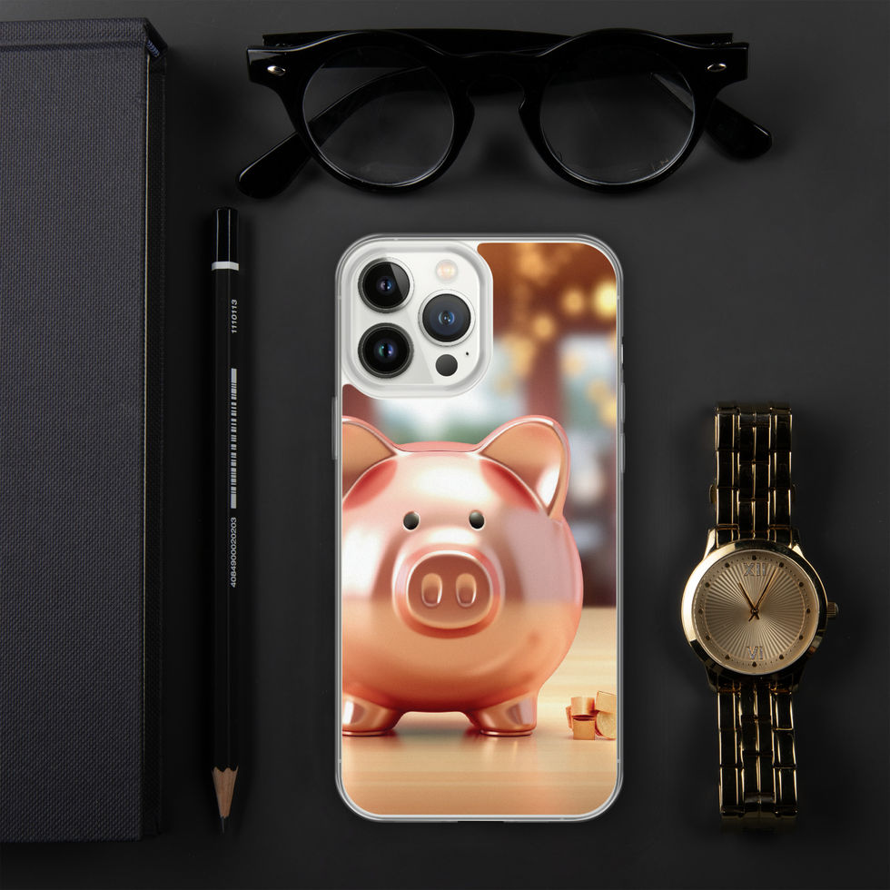Golden Fortune clear iPhone case on a black desk beside glasses and a watch with the full Golden Fortune pig portrait.