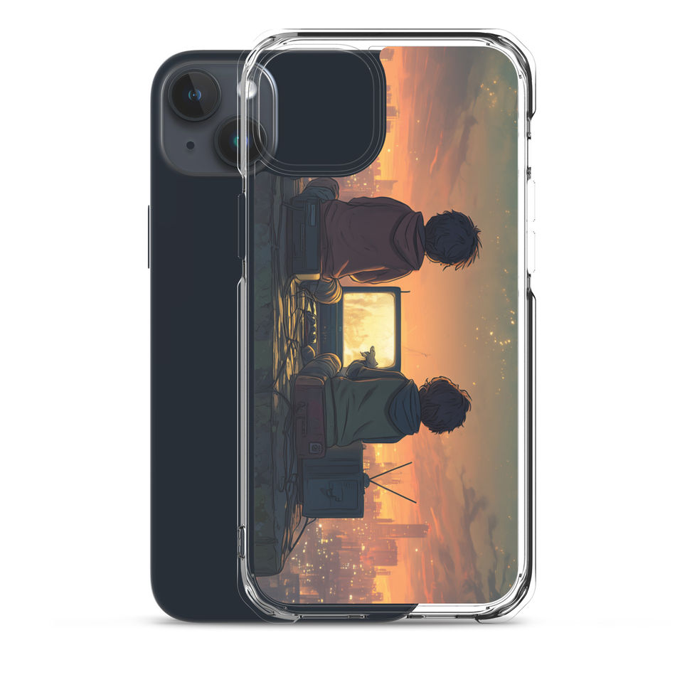 Rooftop Retro Nights neon rooftop gaming artwork on iPhone 12 Pro Max clear phone case, angled view, gallery image 32
