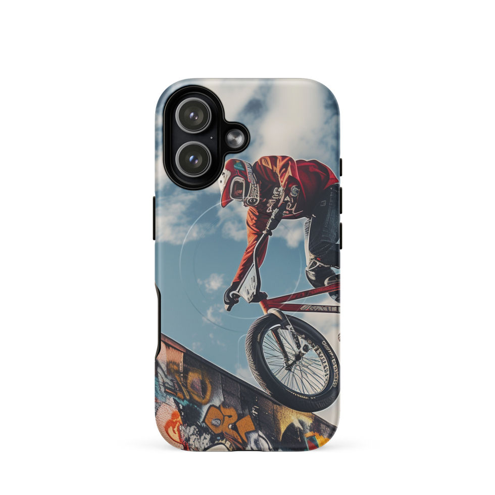 Graffiti Air MagSafe Tough case for iPhone 17, BMX rider above graffiti ramp, rear view on white