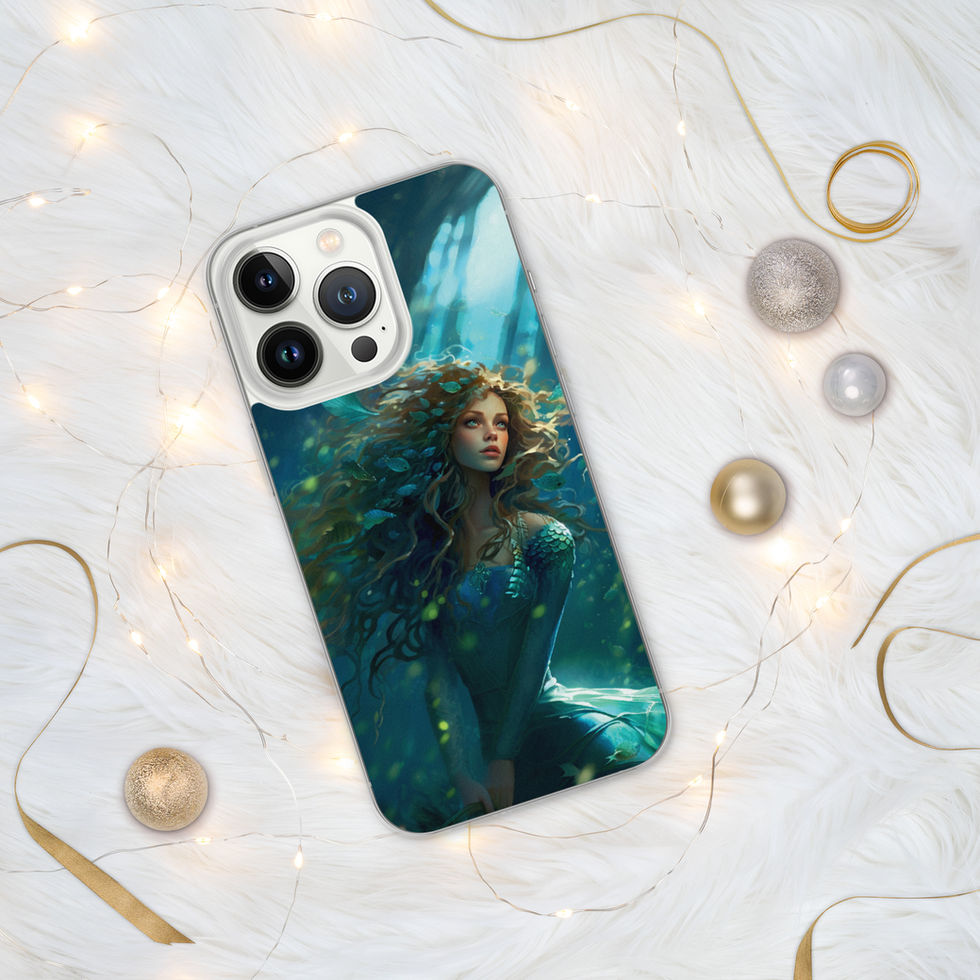 Ocean Enchantress clear iPhone case on pale marble with gold accents, showing bright shafts of light cutting through the sea.