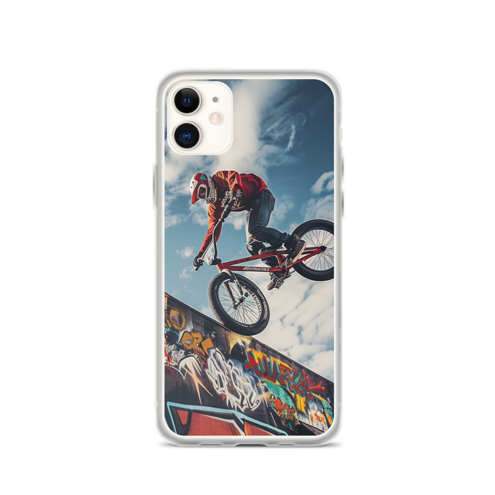 Graffiti Air Clear case for iPhone 11, BMX rider above graffiti ramp, rear view on white
