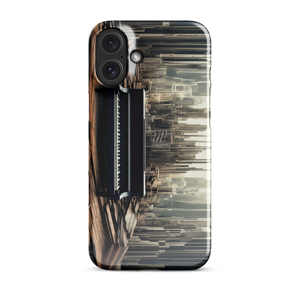 Urban Sonata slim iPhone Snap Case front view in a dark desk with glasses, showing the piano and city artwork, image 1.