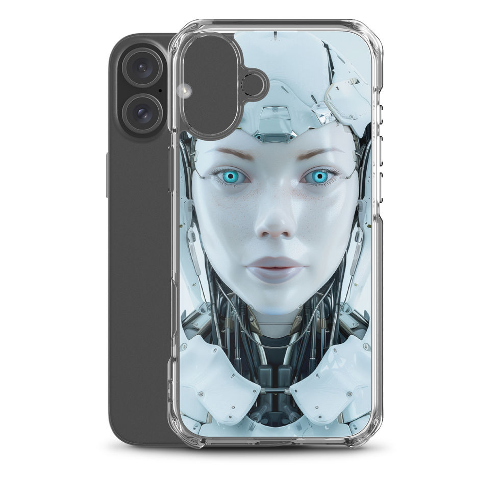 Elegant female cyborg with exposed neck mechanics on a transparent case – fitted iPhone case view