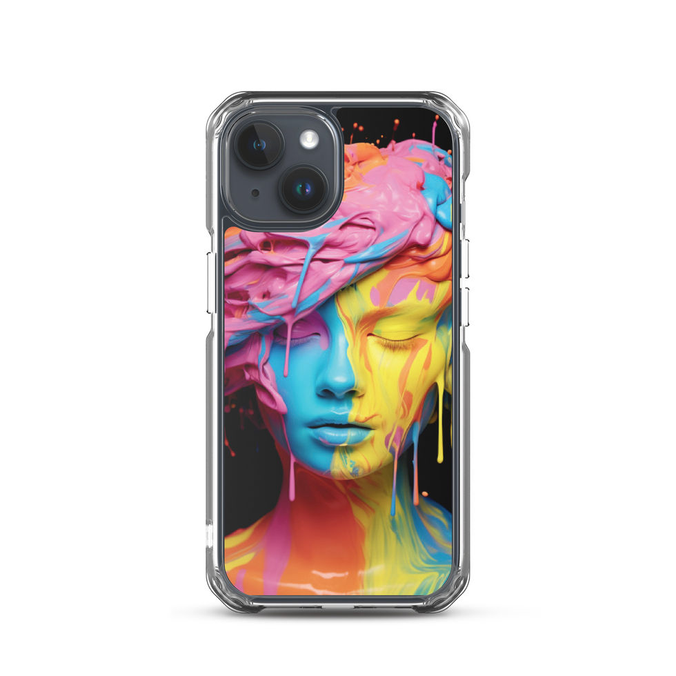 Vivid Serenity clear iPhone case with colourful tranquil portrait art, angled tabletop view, image 38