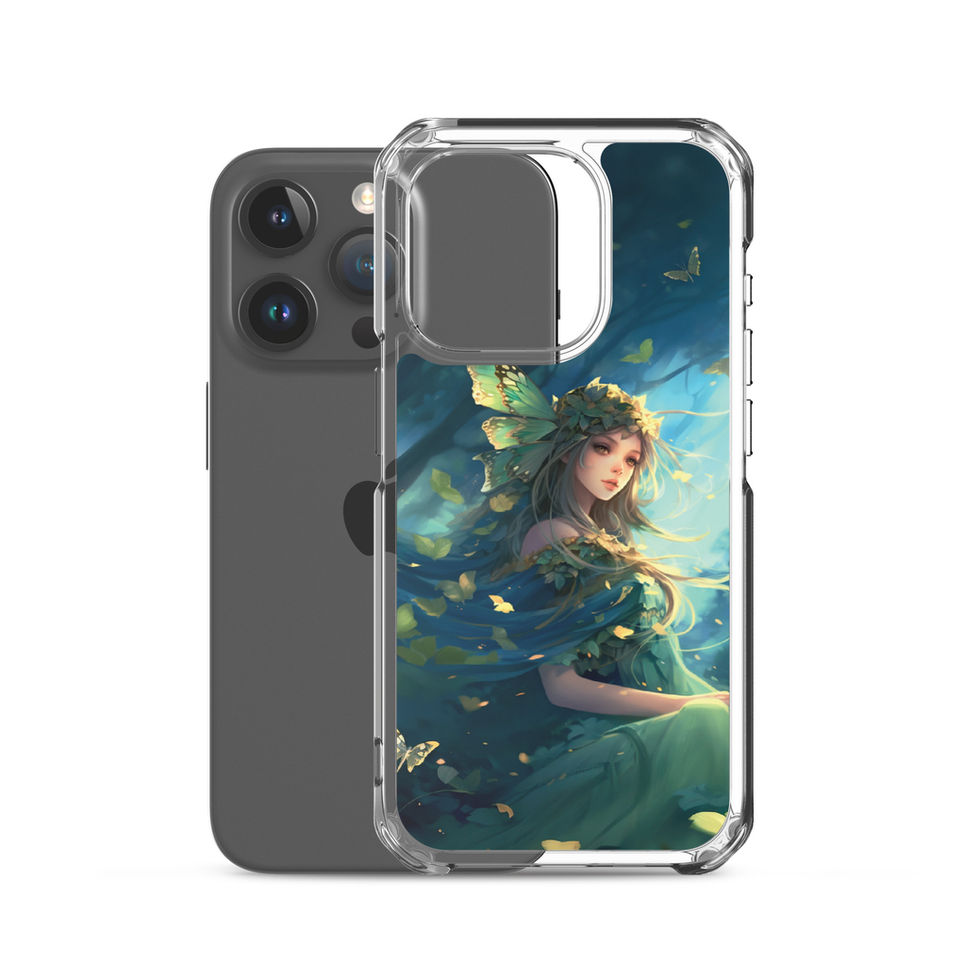 Printed back of Forest Enchantress iPhone clear case showing shimmering light through the leaves