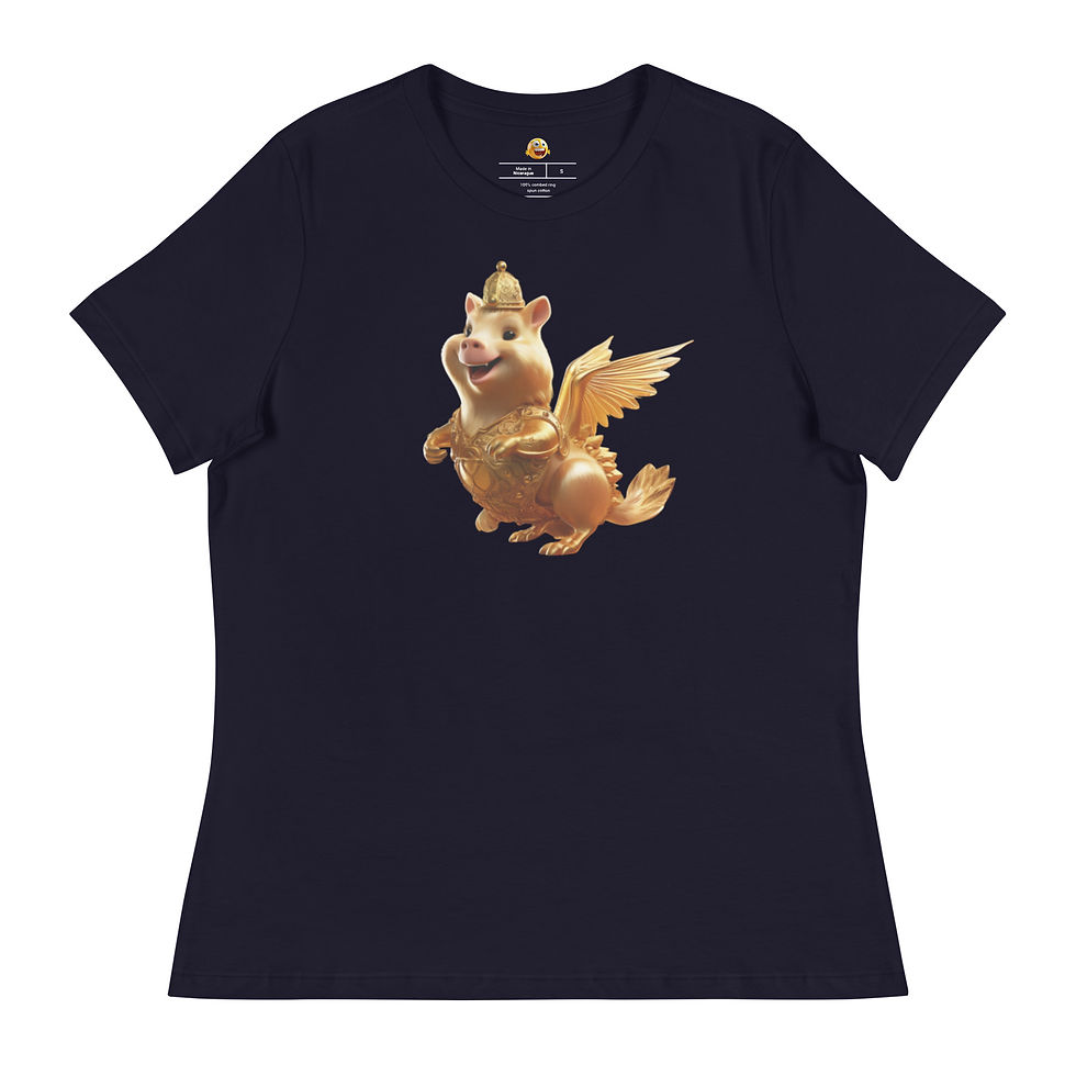 Golden Wings: navy blue women's relaxed T-shirt with golden winged dog wearing a crown