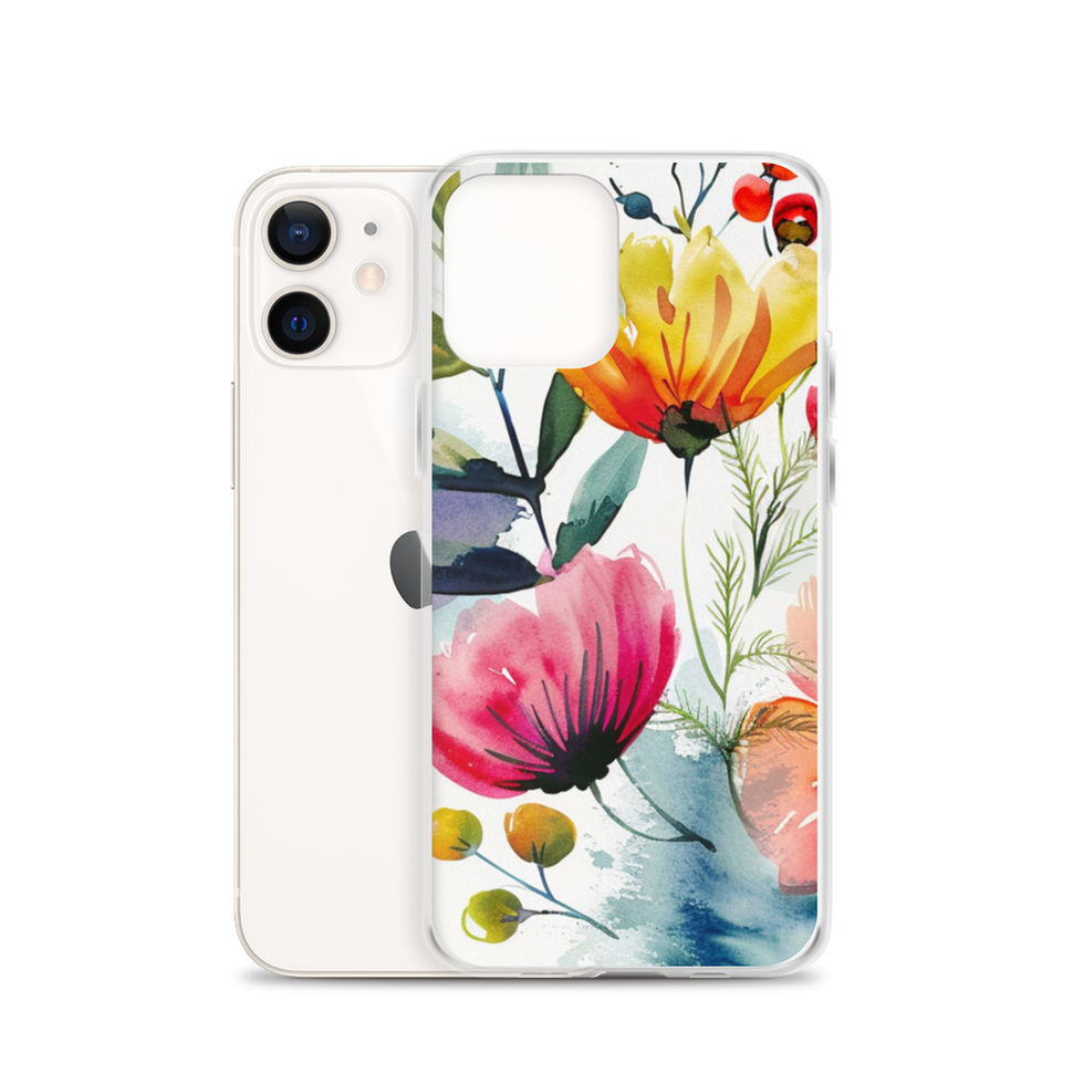 Crimson Meadow clear case for iPhone 14 Pro, rear floral artwork view with crimson, coral and blush flowers