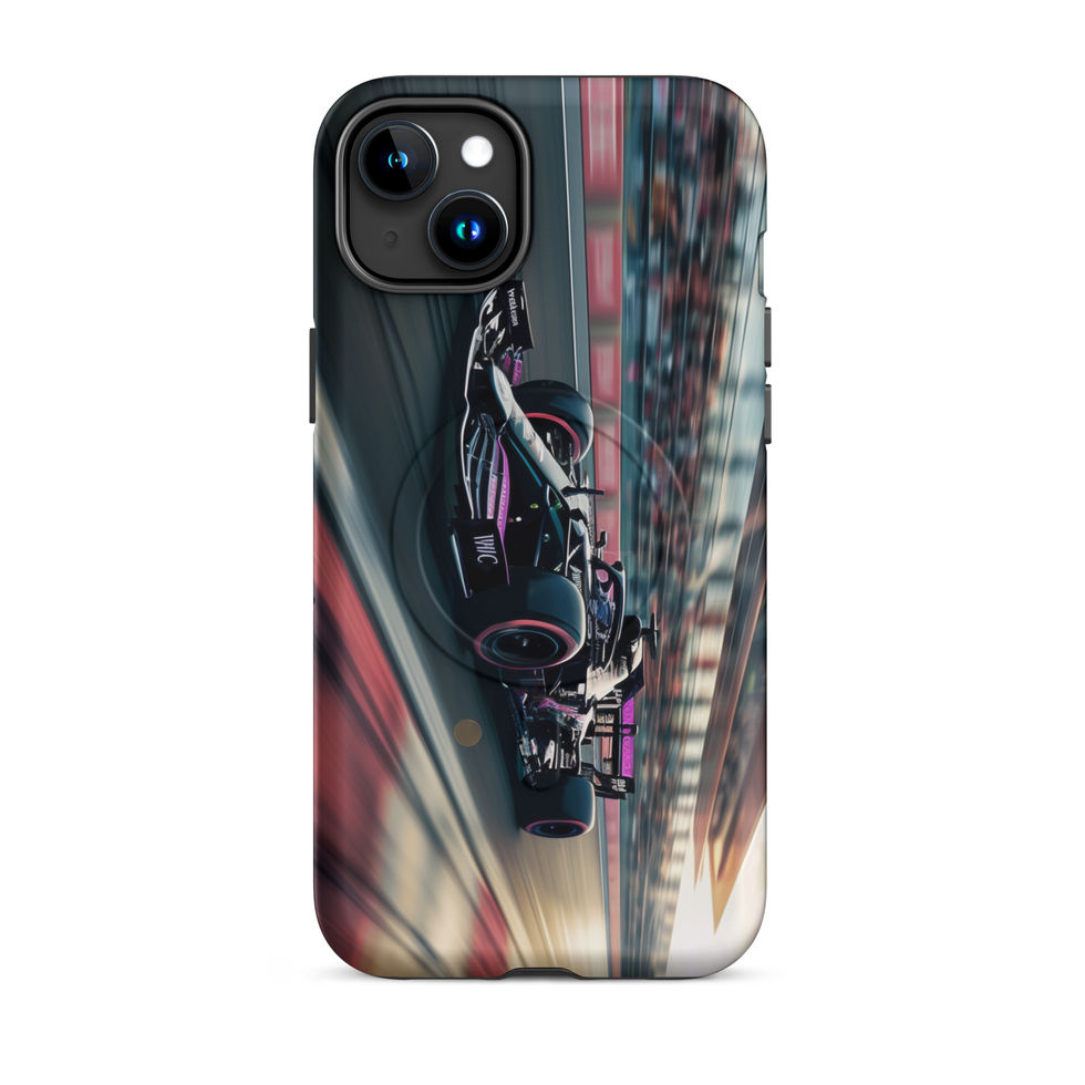 Black n Purple Power MagSafe Tough case for iPhone 15 Plus, black and purple race car artwork, rear view on white