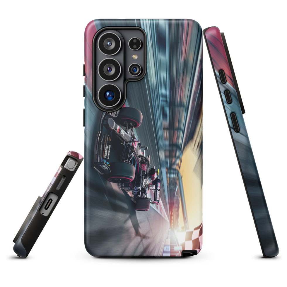 Final Lap Tough case for Galaxy S26 Ultra, dark race car and blurred track artwork, rear and side views on white