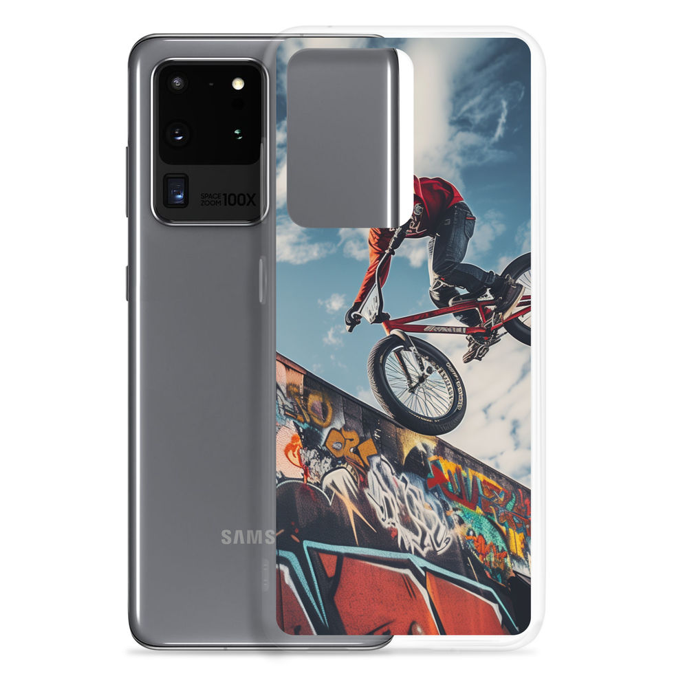 Graffiti Air Clear case for Galaxy S20 Ultra, BMX rider above graffiti ramp, with phone beside case on white