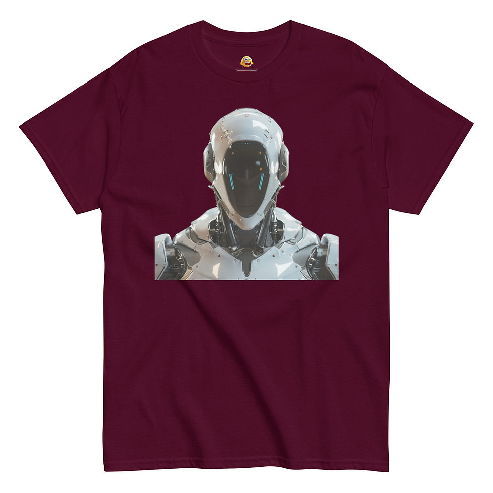 Cyber Sentinel Dark Visor: burgundy unisex classic T-shirt with silver robot with dark face visor