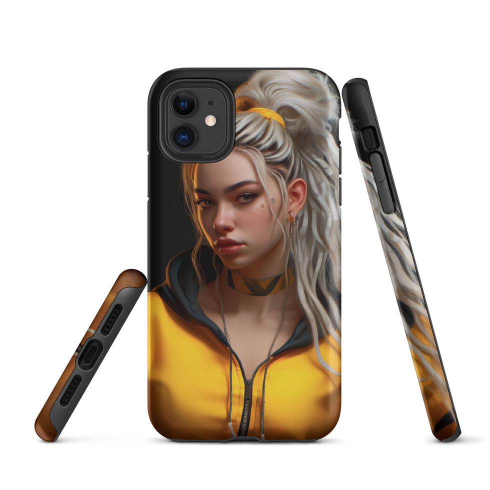 Neon Rebellion iPhone Tough Case with pale hair pulled into a high ponytail