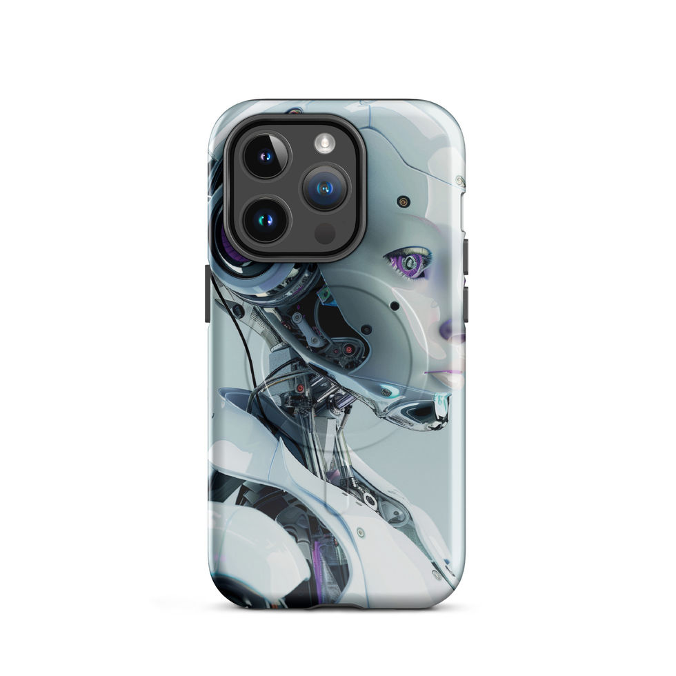 Synth Aurora AI robot MagSafe Tough Case with futuristic mechanical head and polished armour