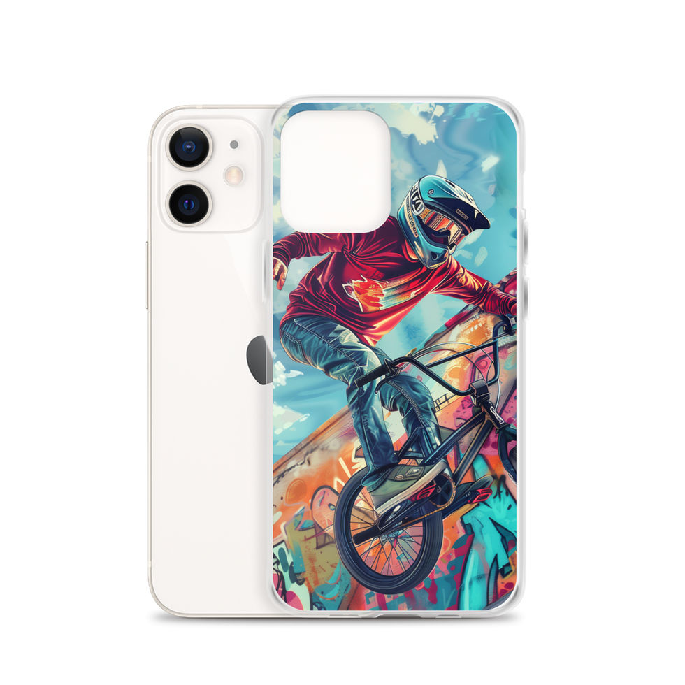 Graffiti Ride Clear case for iPhone 12, red-top BMX rider and vivid graffiti, rear view on white