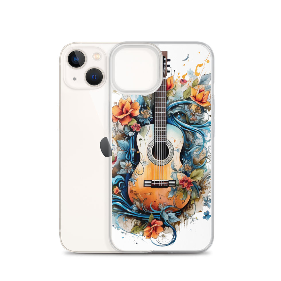 Nature’s Song clear iPhone case clear edge detail in a minimal studio background, showing the floral music artwork, image 23.