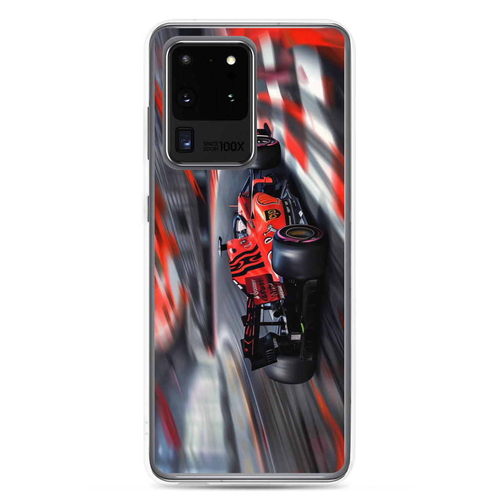 Apex Velocity Clear case for Galaxy S20 Ultra, red race car and track streaks, rear view on white background