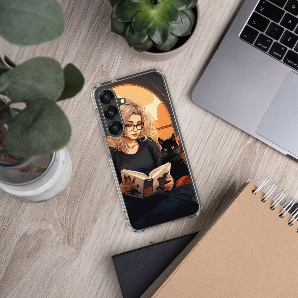 Printed back of Literary Haven Samsung clear case showing reader in round spectacles holding an open book