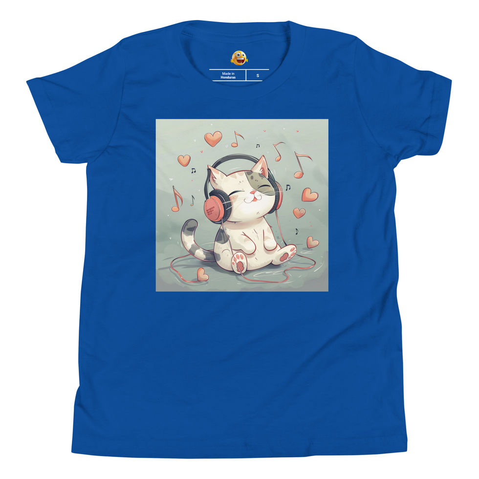 Happy Kitty Tunes: royal blue youth short-sleeve T-shirt with kitten with pink headphones and hearts