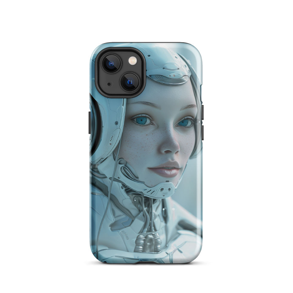 Cybernetic Muse robot artwork with mechanical details; front product view on an iPhone® Tough Case.