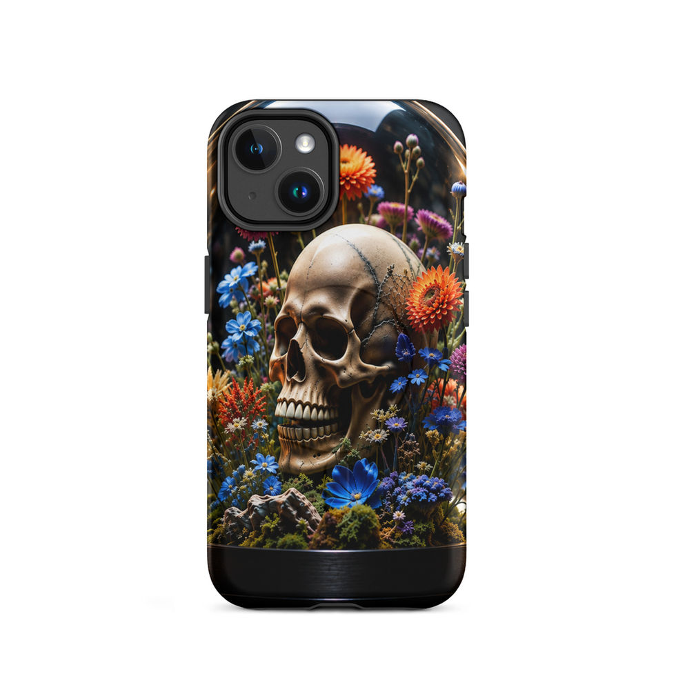 Floral Requiem MagSafe iPhone case showing ivory skull beneath a bright orange flower