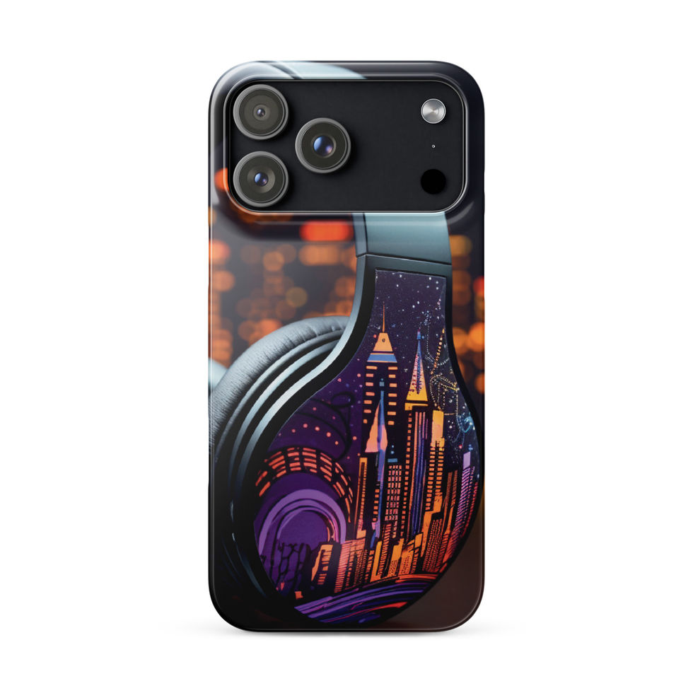 Neon Skyline slim snap iPhone case showing city lights and purple headphone artwork for iPhone 17 Pro Max