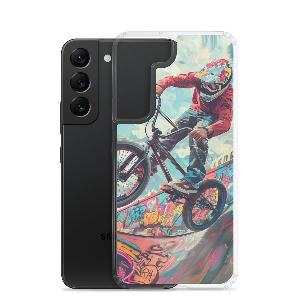 Urban Thrill Clear case for Galaxy S22, BMX rider above graffiti ramp, phone beside printed case on white