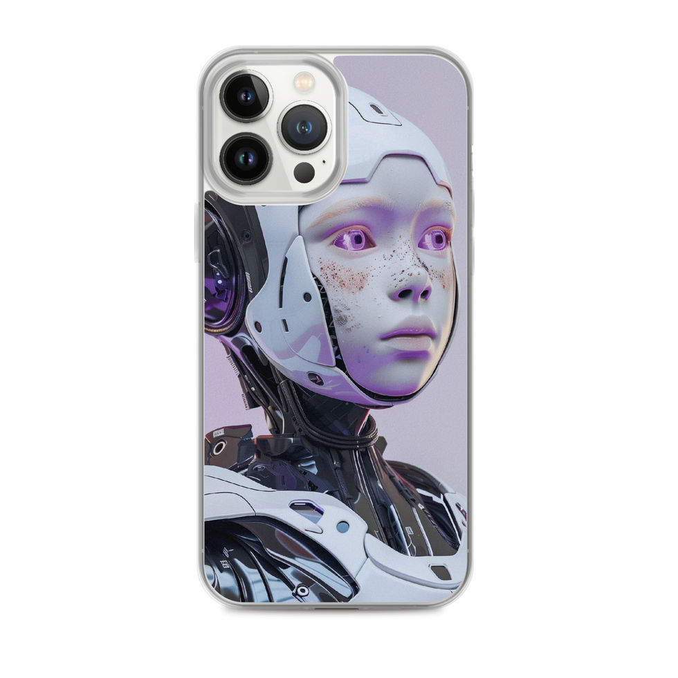 Protective clear iPhone case featuring intricate cybernetic art