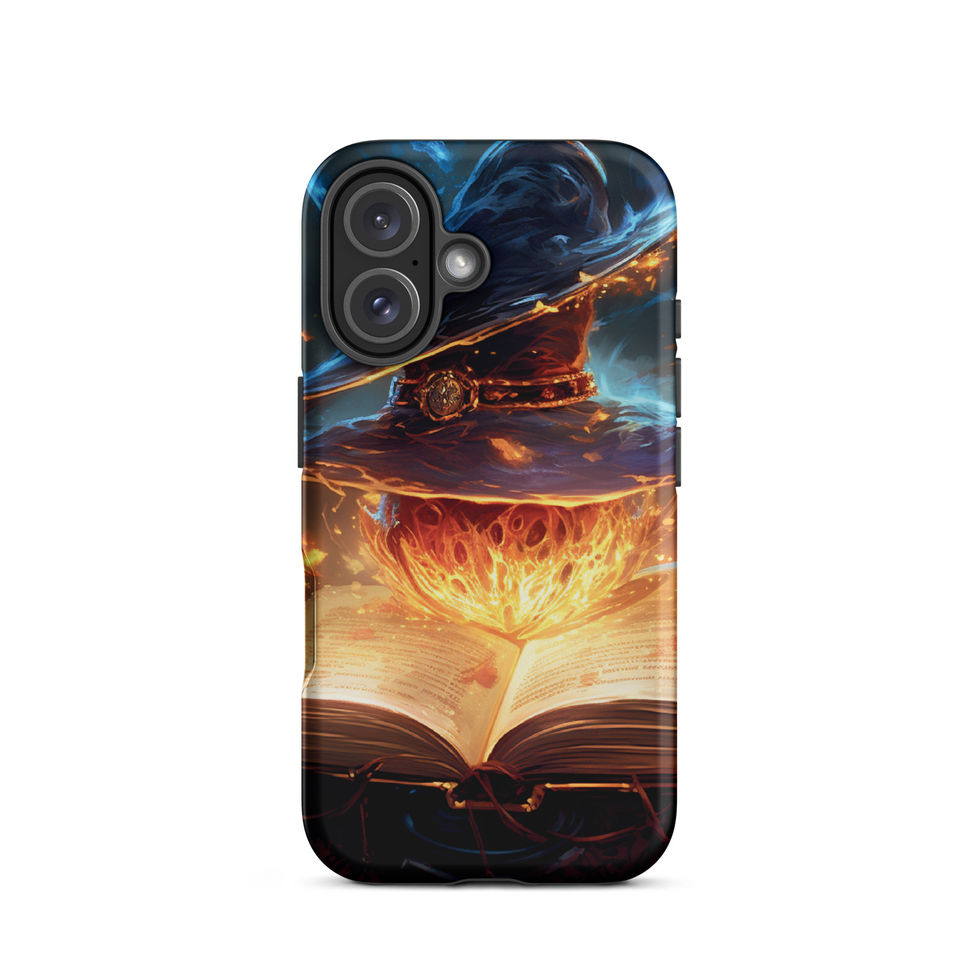 Arcane Ember iPhone tough case with a blue ribbon of energy above the book, shown from the rear on white.