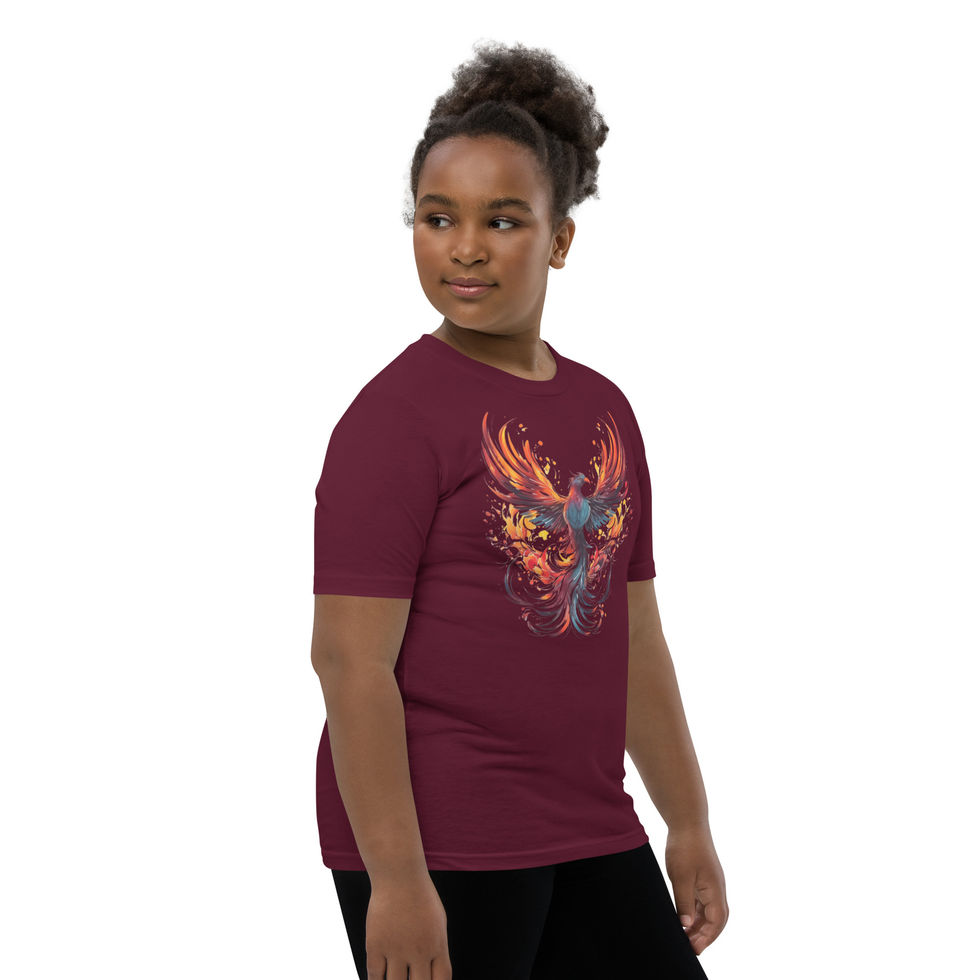 Rising Phoenix cutout: maroon youth short-sleeve T-shirt with a fiery phoenix with spread wings, child turned right