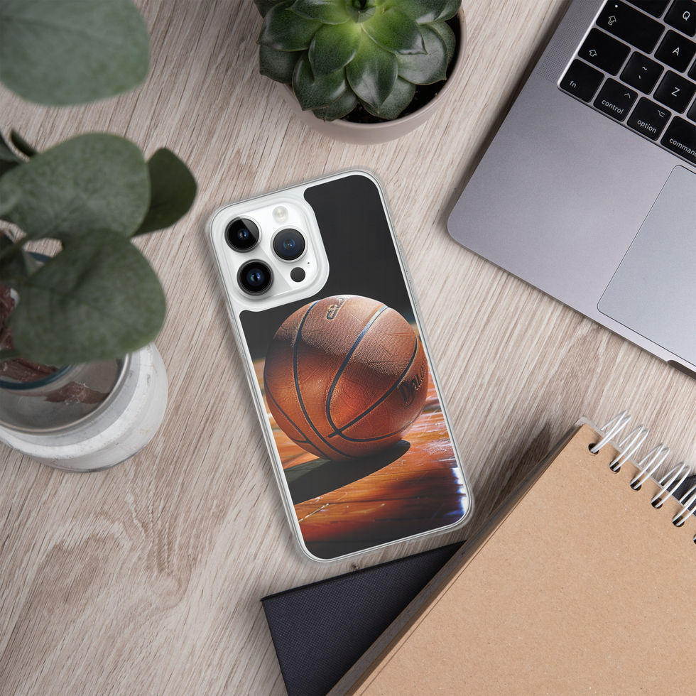 Hardwood Hustle Clear case for iPhone 14 Pro Max, basketball on timber artwork, light desk with laptop and plants