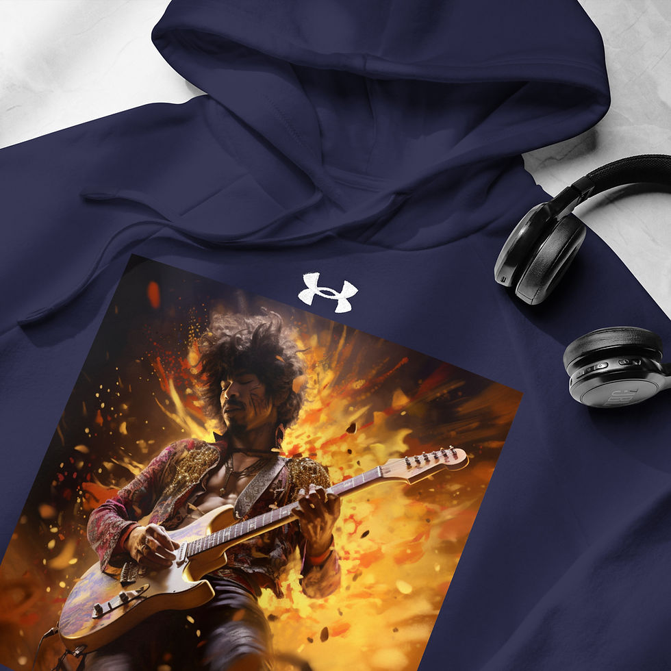 Electric Flame: navy blue Under Armour hoodie with electric guitarist amid golden flames, beside headphones