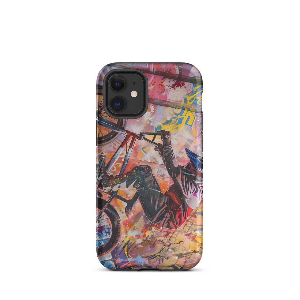 Graffiti Grind Tough case for iPhone 12 mini, BMX rider amid pink and yellow graffiti, rear view on white