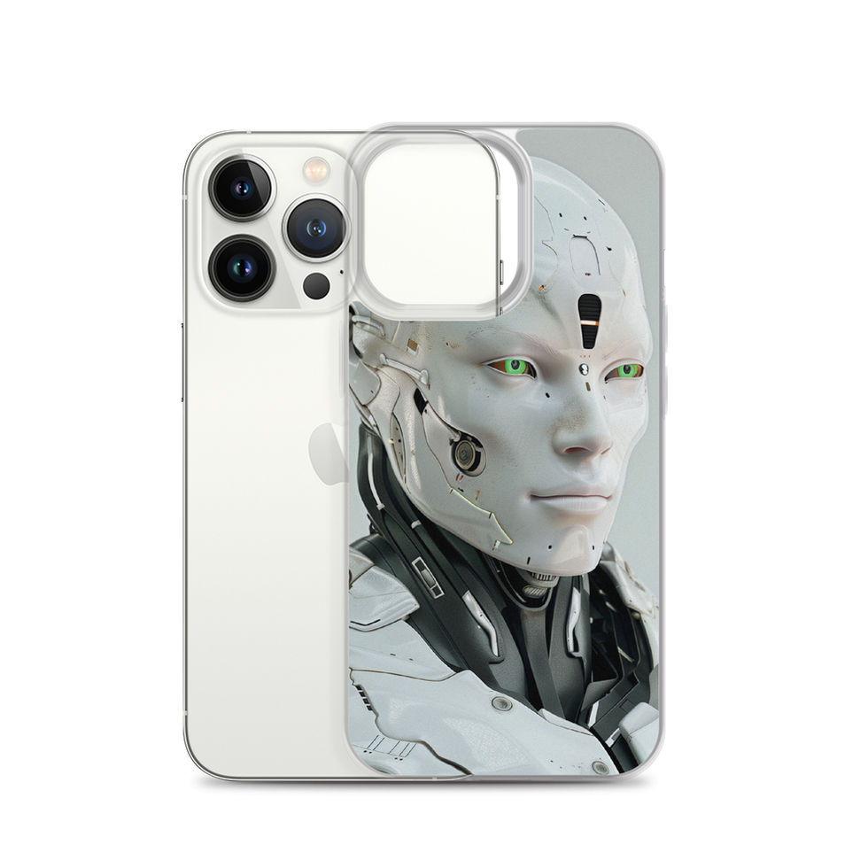 Neo-Genesis white android on iPhone clear protective case, angled phone case presentation