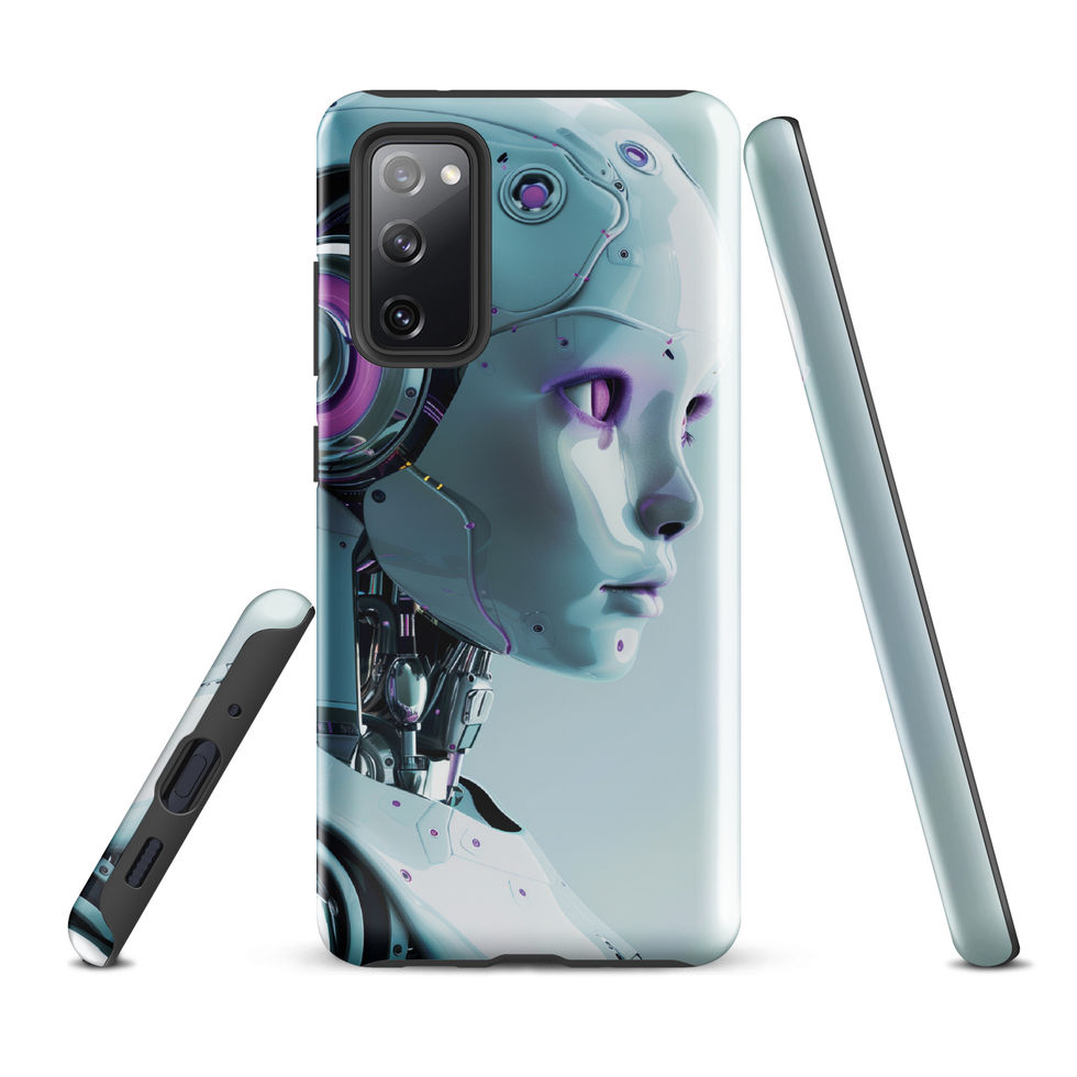 Protective Samsung tough case featuring a poised female robot profile