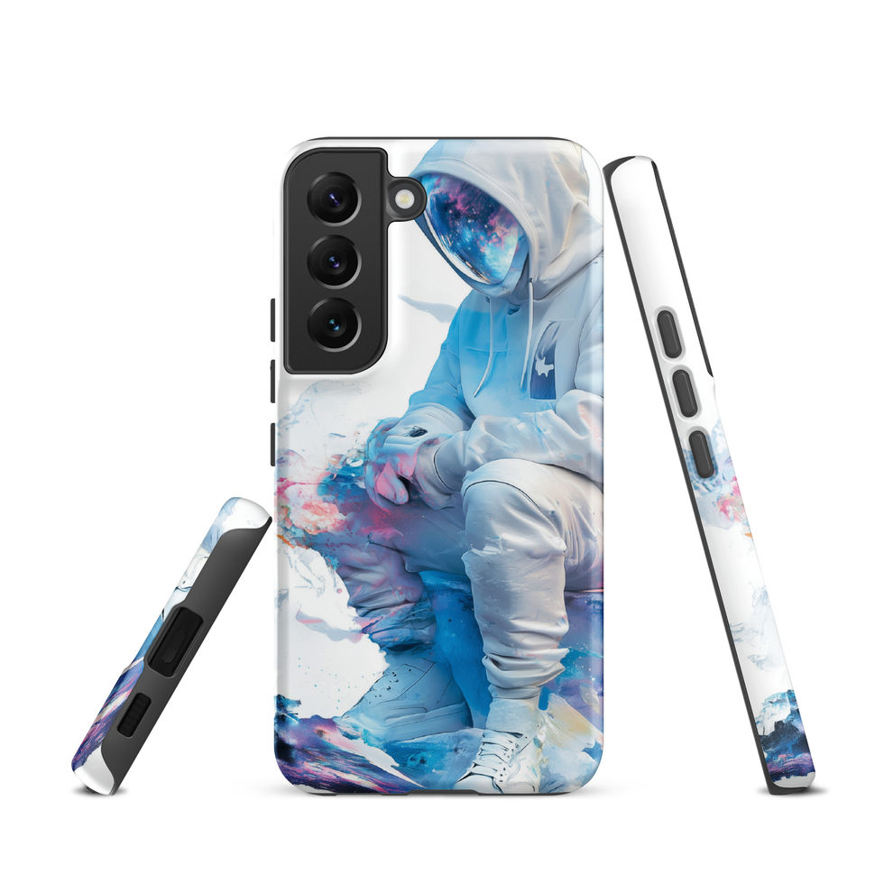 Fluro Space Traveller Samsung Tough case, blue astronaut soft white and blue background, with side profile shown