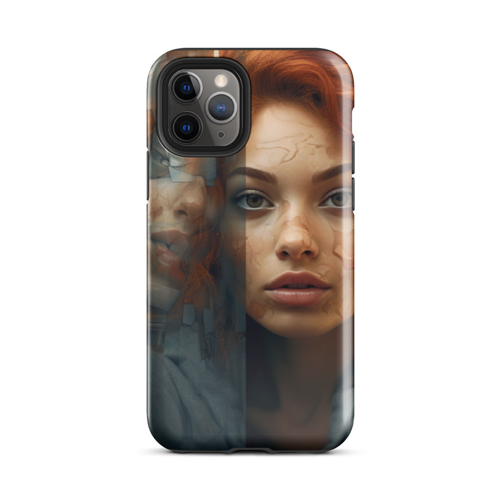 Twisted Reflection dual-layer iPhone tough case with dramatic portrait artwork, left angle, image 3