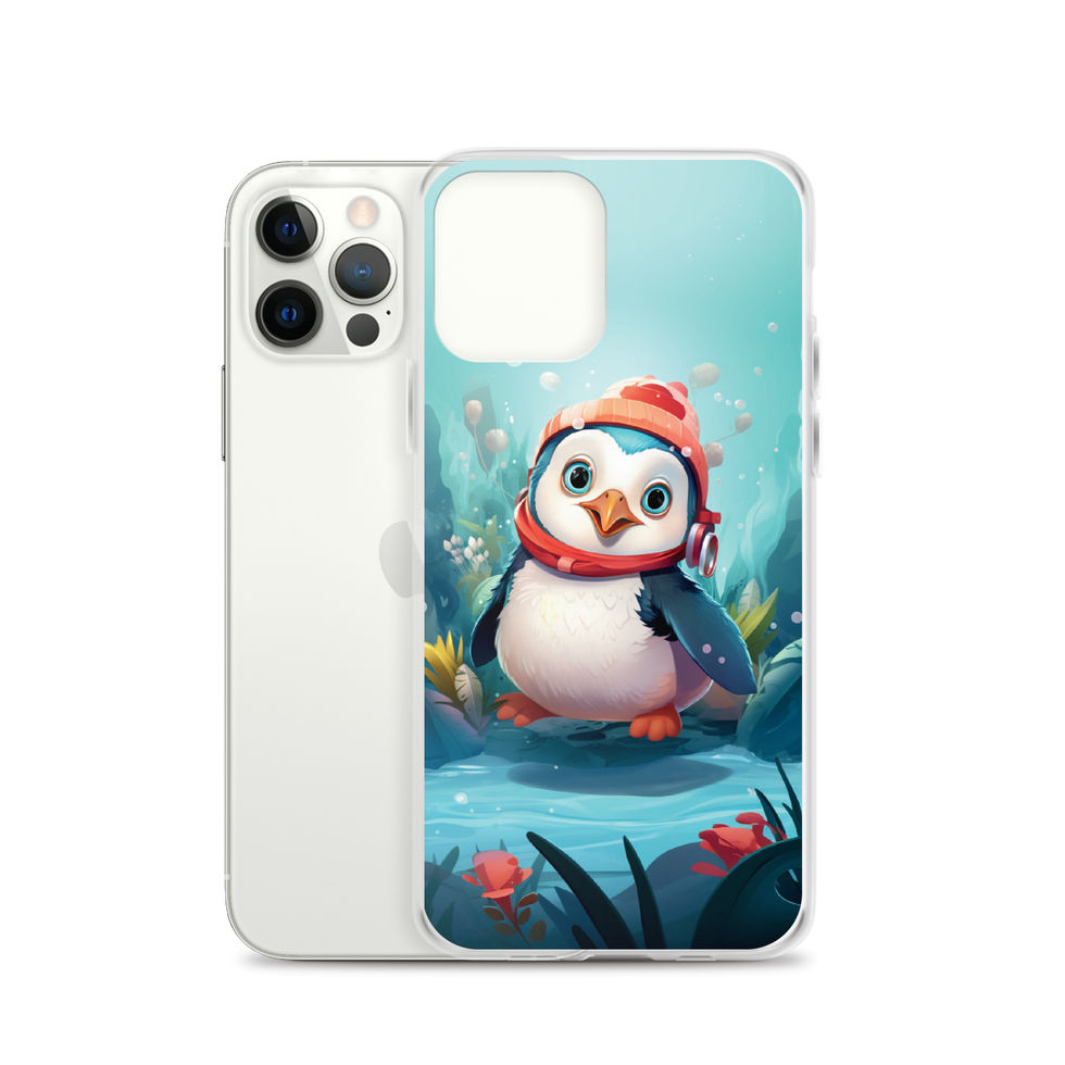 Aquatic penguin-mockup-12 showing Aqua Explorer artwork on an iPhone clear phone case