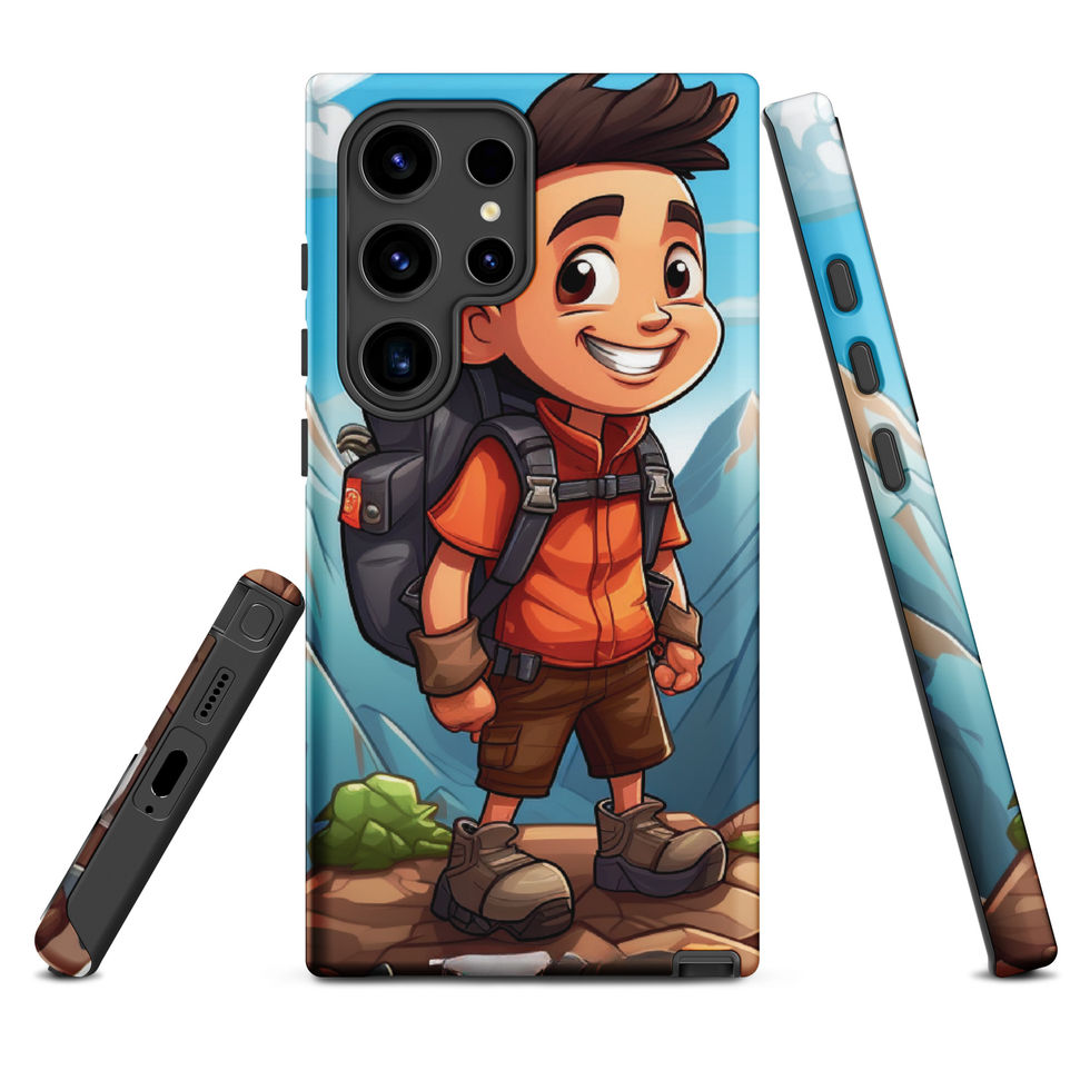 Trailblazer Samsung Tough Case featuring colourful backpack and boots on the protective back