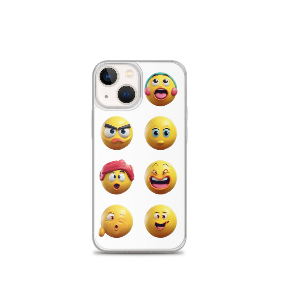 Emoji Frenzy clear iPhone case with multiple playful moods stacked down the back.