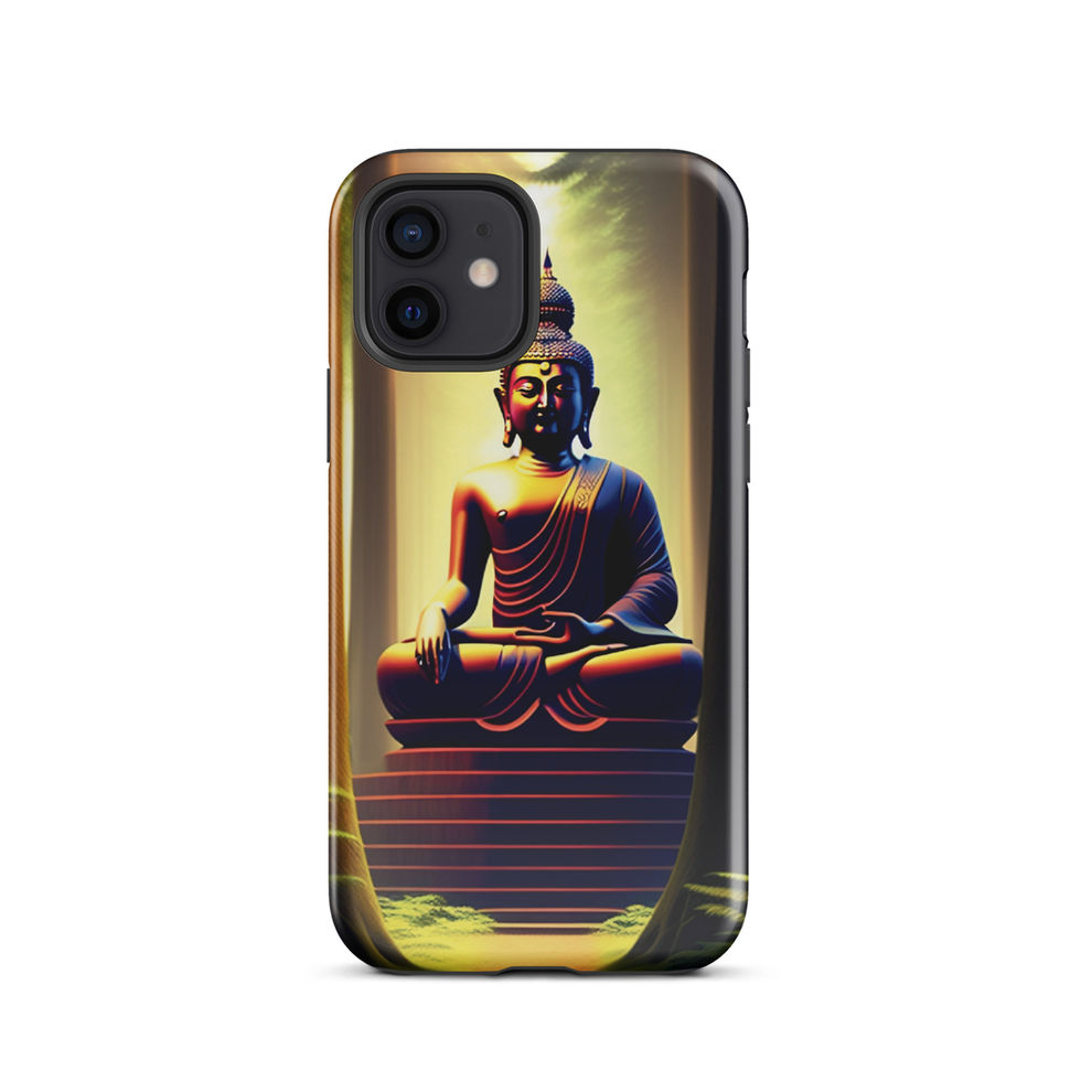 Praying Buddha iPhone tough case, rear view; green accents framing the base of the stairs.